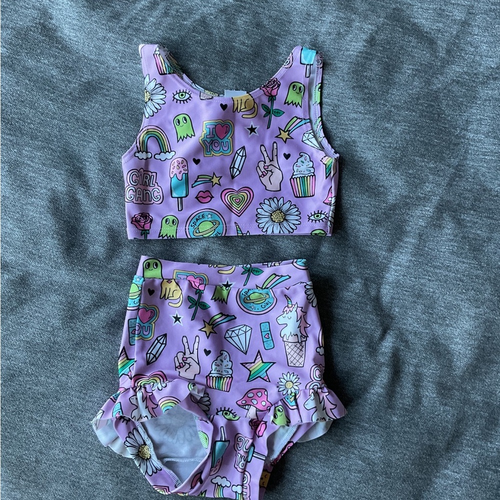 Wild Rich Kids-  Two-Piece Pink Graphic Ruffle Swim Set